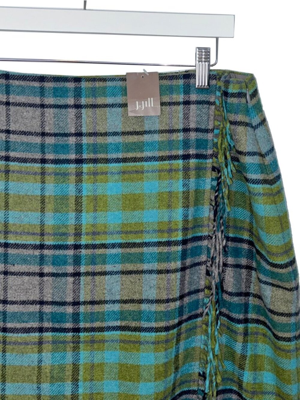 J. Jill Green & Blue Plaid Faux Wrap Fringed Blanket Skirt - Size 16 - NWT